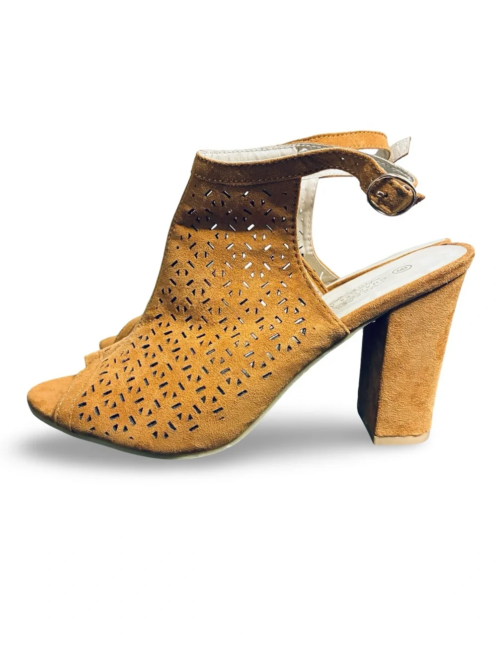 Charles Albert Mustard Suede Laser-Cut Block Heel Sandals